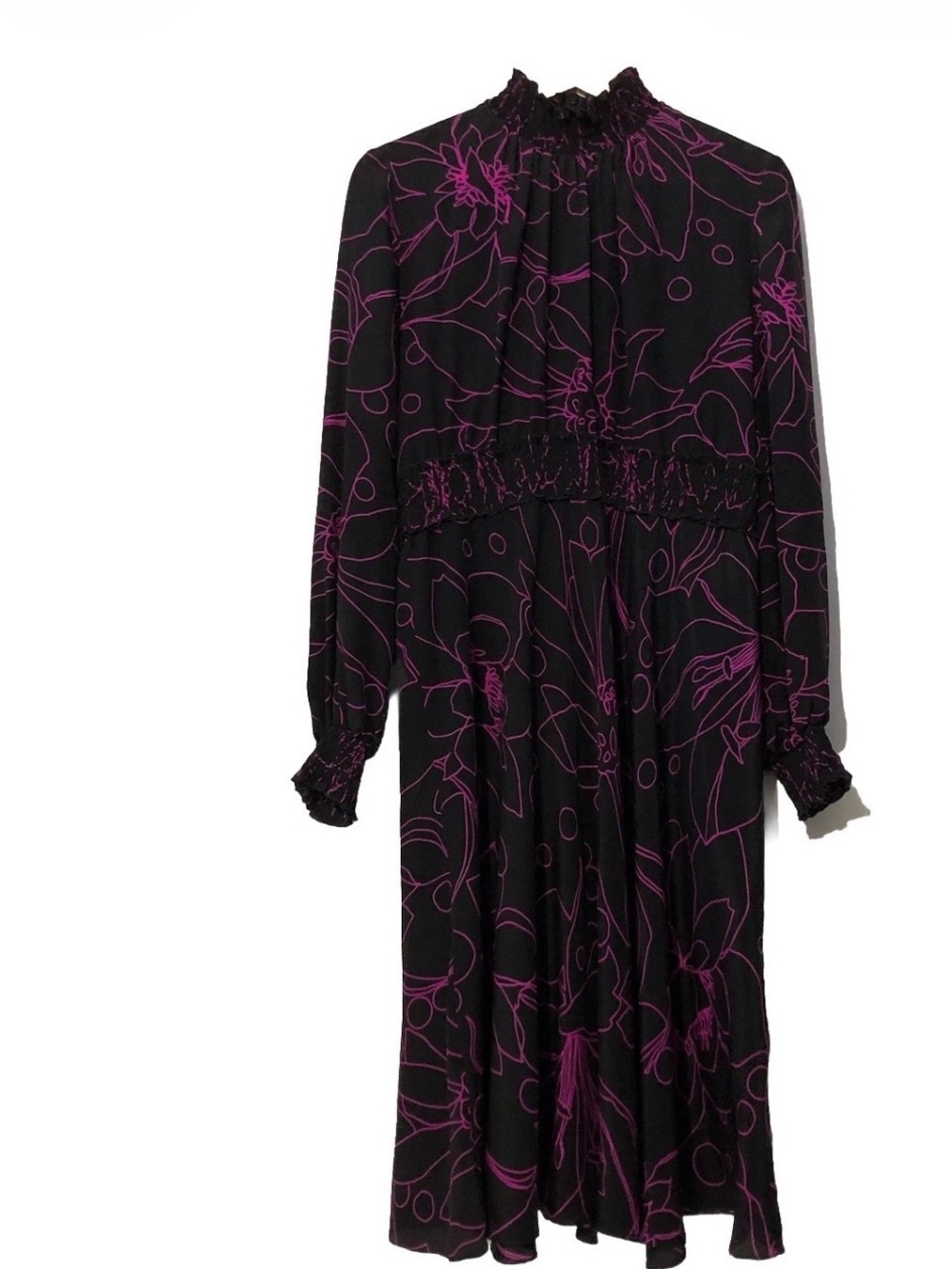 Akris Black Dress with Magenta Floral Outline and Smocked Waist